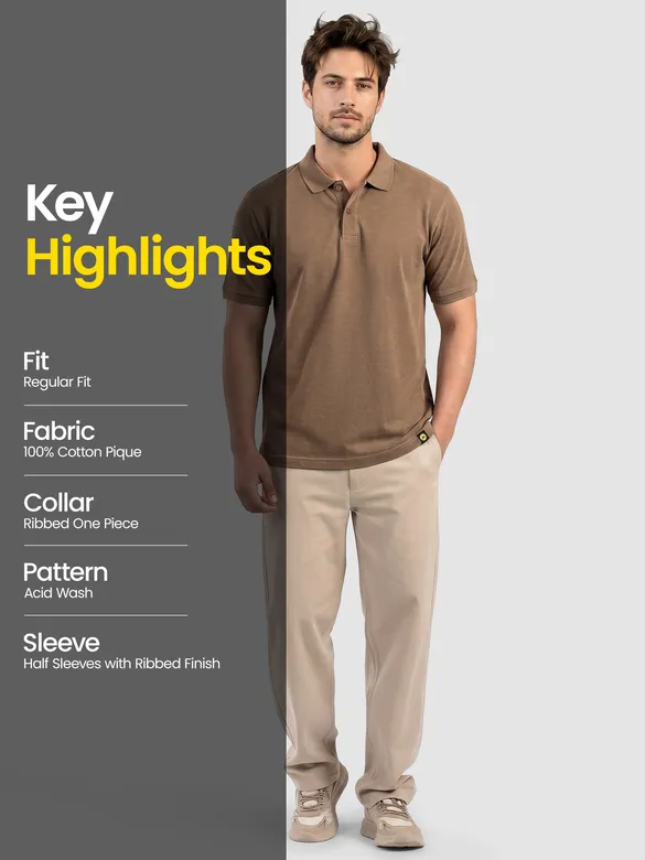 Sand Brown Acid Wash Polo T-shirt